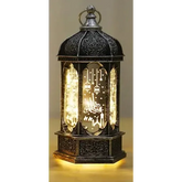 Ornate zwarte metalen lantaarn met verlichte Arabische kalligrafie, Kleine Lantaarn Ramadan vintage goud